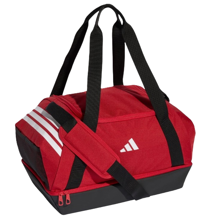 Red Adidas sports duffel bag with black straps and white logo, black base, and white stripes on side, isolated on a white background.
