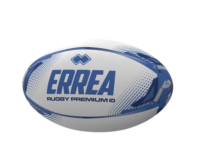 White rugby ball with blue accents and the brand name ERREA, labeled as RUGBY PREMIUM ID.