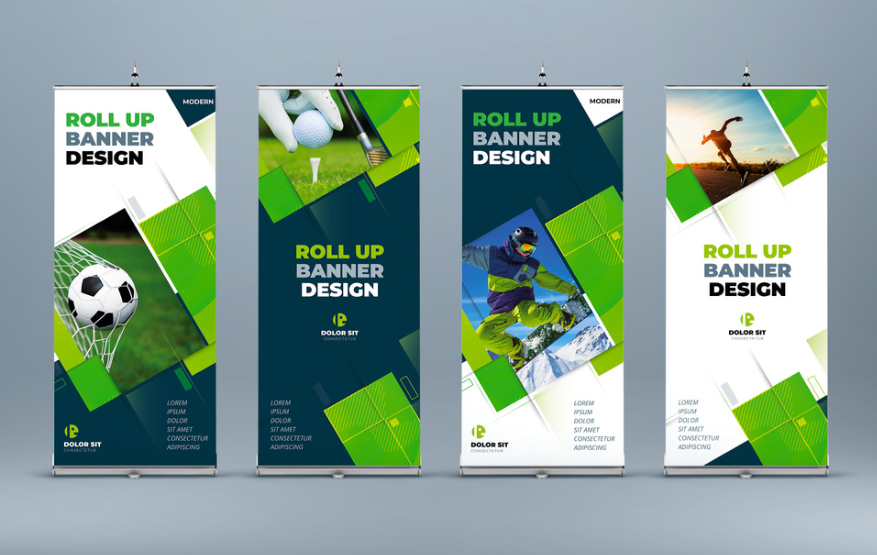 Four roll-up banners for sports and design promotions, featuring images of a soccer ball, golf scene, snowboarder, and runner, with green and blue geometric backgrounds.