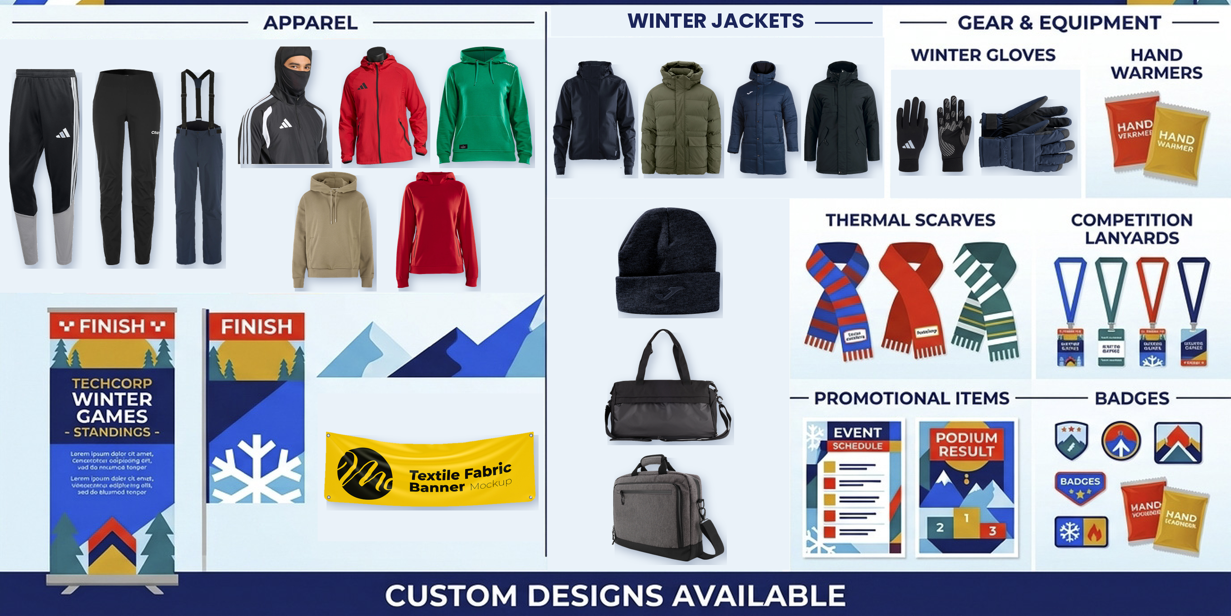 A display of winter apparel and gear including track pants, hoodies, jackets, gloves, scarves, badges, promotional items, and accessories for winter sports and activities.
