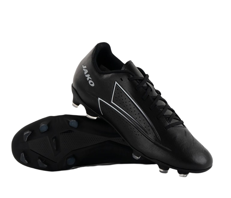 A pair of black soccer cleats with the brand name 'JAKO' on the side, featuring a sleek design and studded soles for outdoor play.