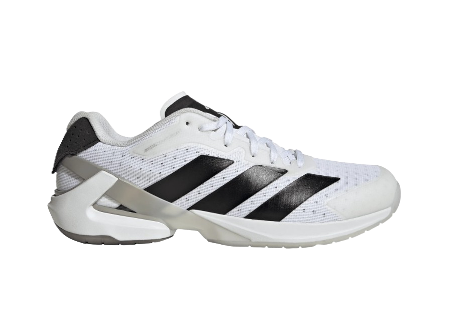 White athletic sneaker with black stripes, mesh upper, and ankle support