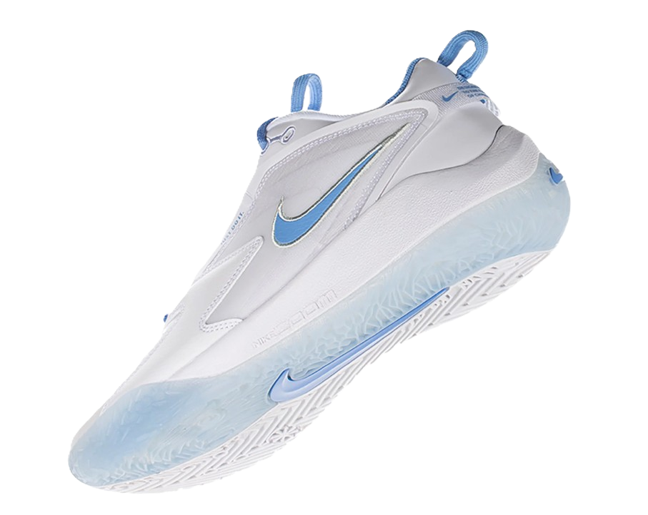 White Nike Zoom sport shoe with blue accents, Nike swoosh logo, and textured sole.