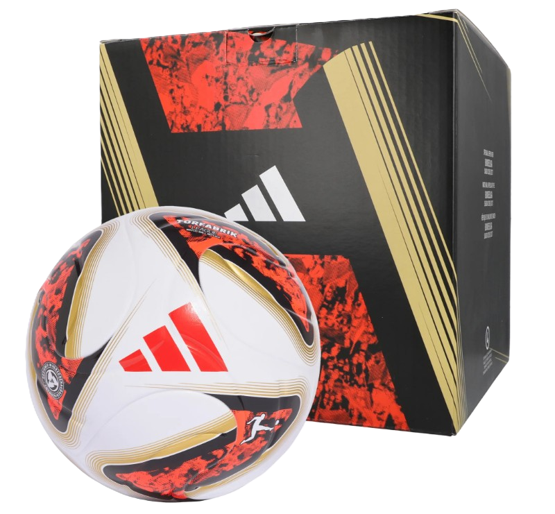 A white Adidas soccer ball with red and black design and a matching Nike box in the background.
