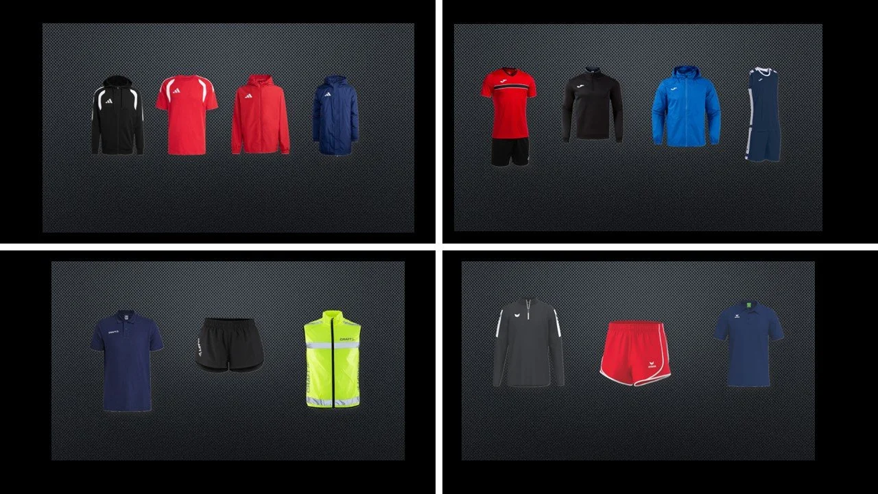 Preview of different sports apparel, including jackets, shirts, shorts, and athletic wear for various sports and activities.