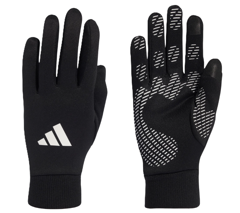 A pair of black athletic gloves with white Adidas logo on the back left glove and a detailed white dotted grip pattern on the palm side of the right glove.