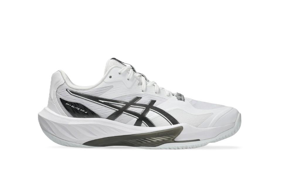 A white athletic running shoe with black and gray accents and the Asics logo on the side.