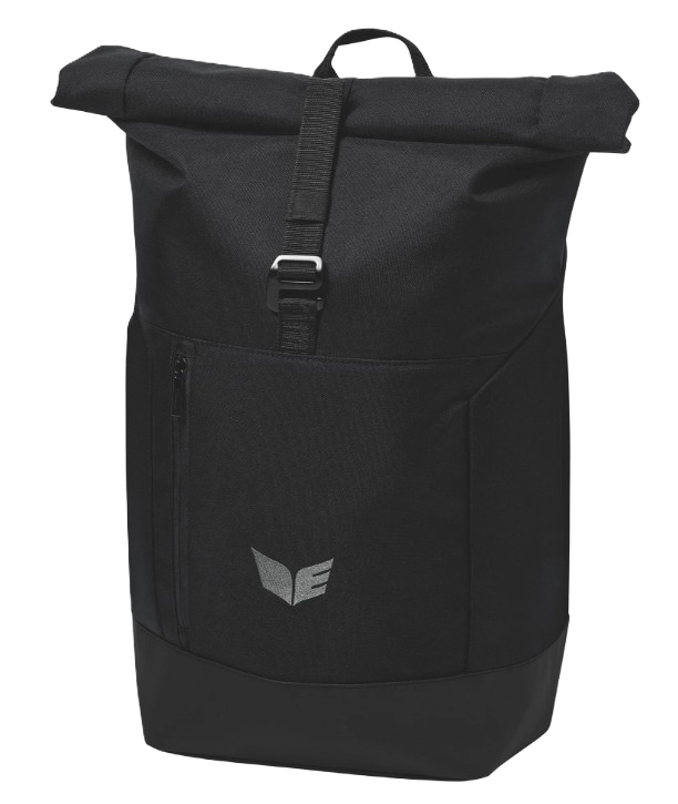 Black backpack with roll-top closure, front zipper pocket, and a logo resembling a stylized bird or wing.