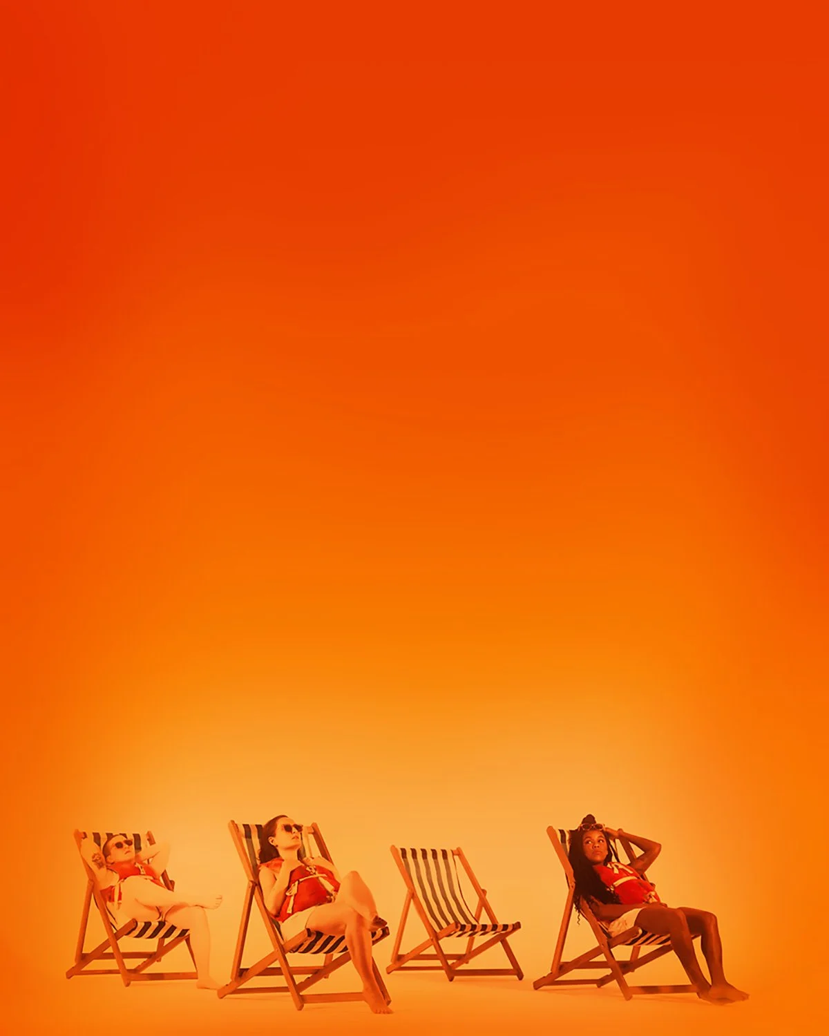Promotional image of three women lounging on striped deck chairs against an orange background, enjoying a sunny day at the beach, shooting in a photo studio with professional lighting.