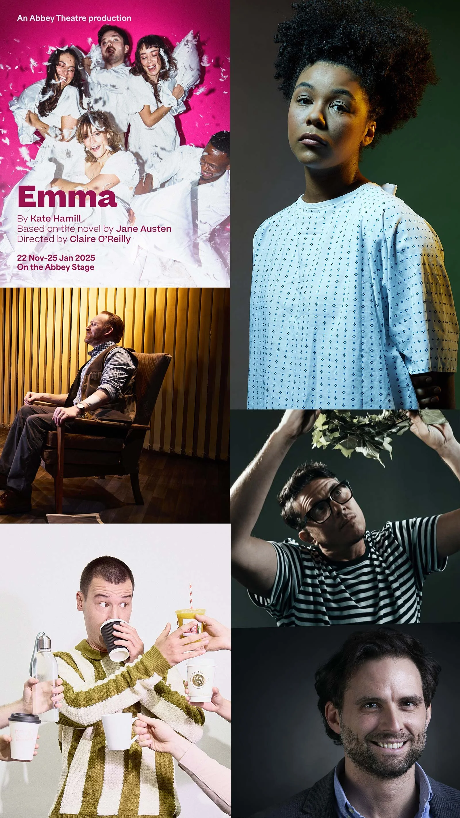 A poster for a production of 'Emma' featuring a group of actors in white costumes, a woman with a large afro hairstyle in a hospital gown, a man sitting in a wooden chair against a striped wall, a man with dark hair and glasses holding a leafy branch overhead, a young man with short hair sipping coffee and holding a yellow drink with a straw, and a smiling man with dark hair and a beard wearing a suit.