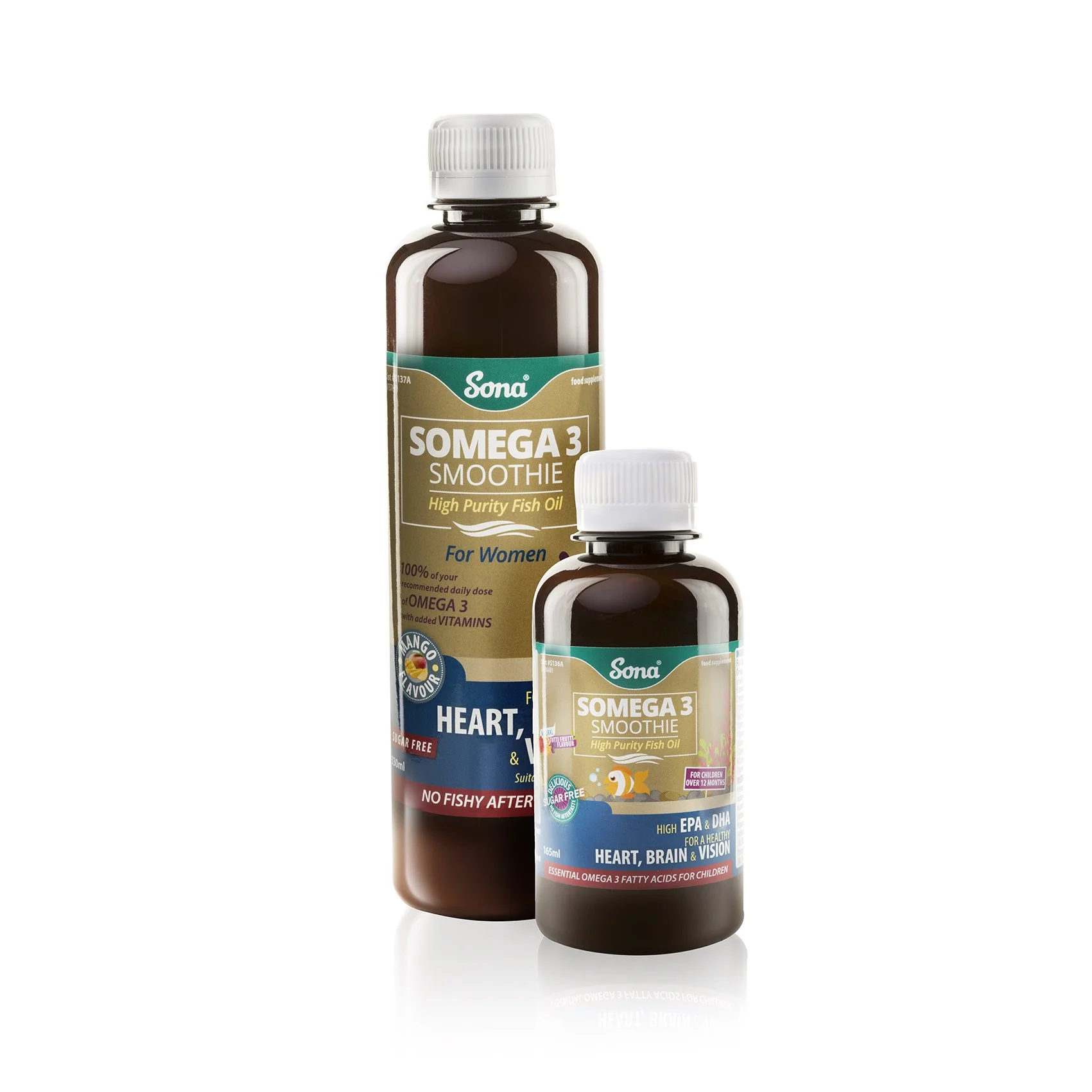 High end advertising profession product photo taken in studio of two bottles of Sona Somega 3 Smoothie fish oil supplements, one larger and one smaller, with labels emphasizing heart, brain, and vision health, natural ingredients.