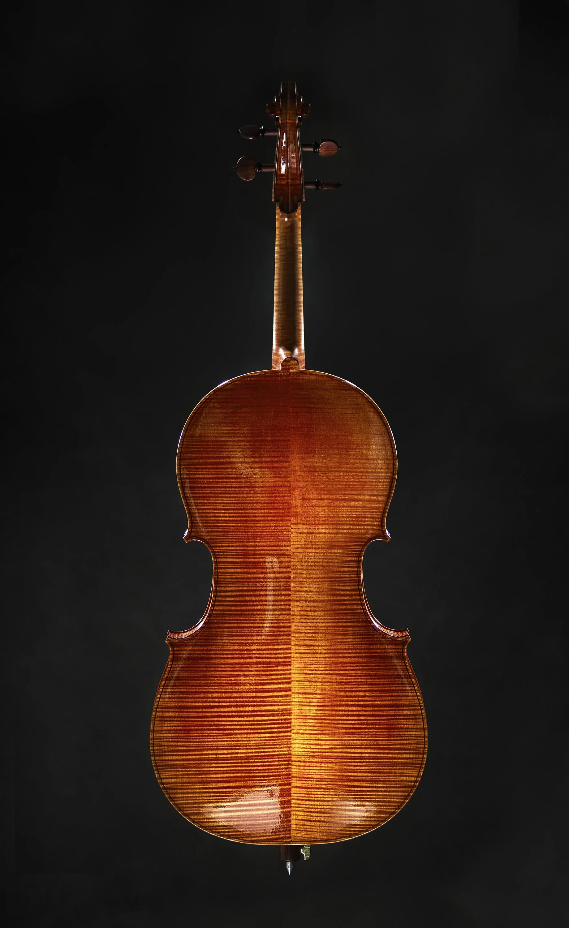 Advertising profession product photo taken in studio of a Back view of a wooden violin against a dark background.