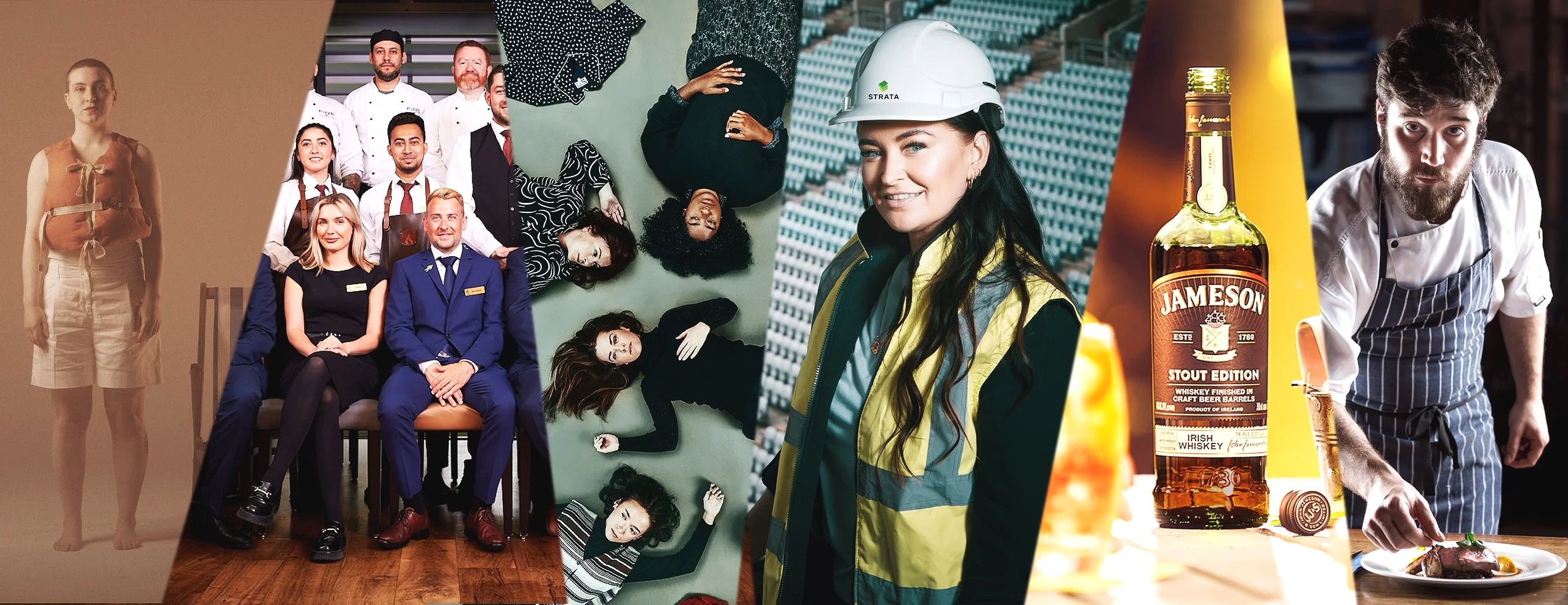 Collage of six images showing diverse people in different roles: a woman standing alone, a group of chefs, women lying on the floor, a woman construction worker, a bottle of Jameson whiskey with a glass, and a chef preparing food.