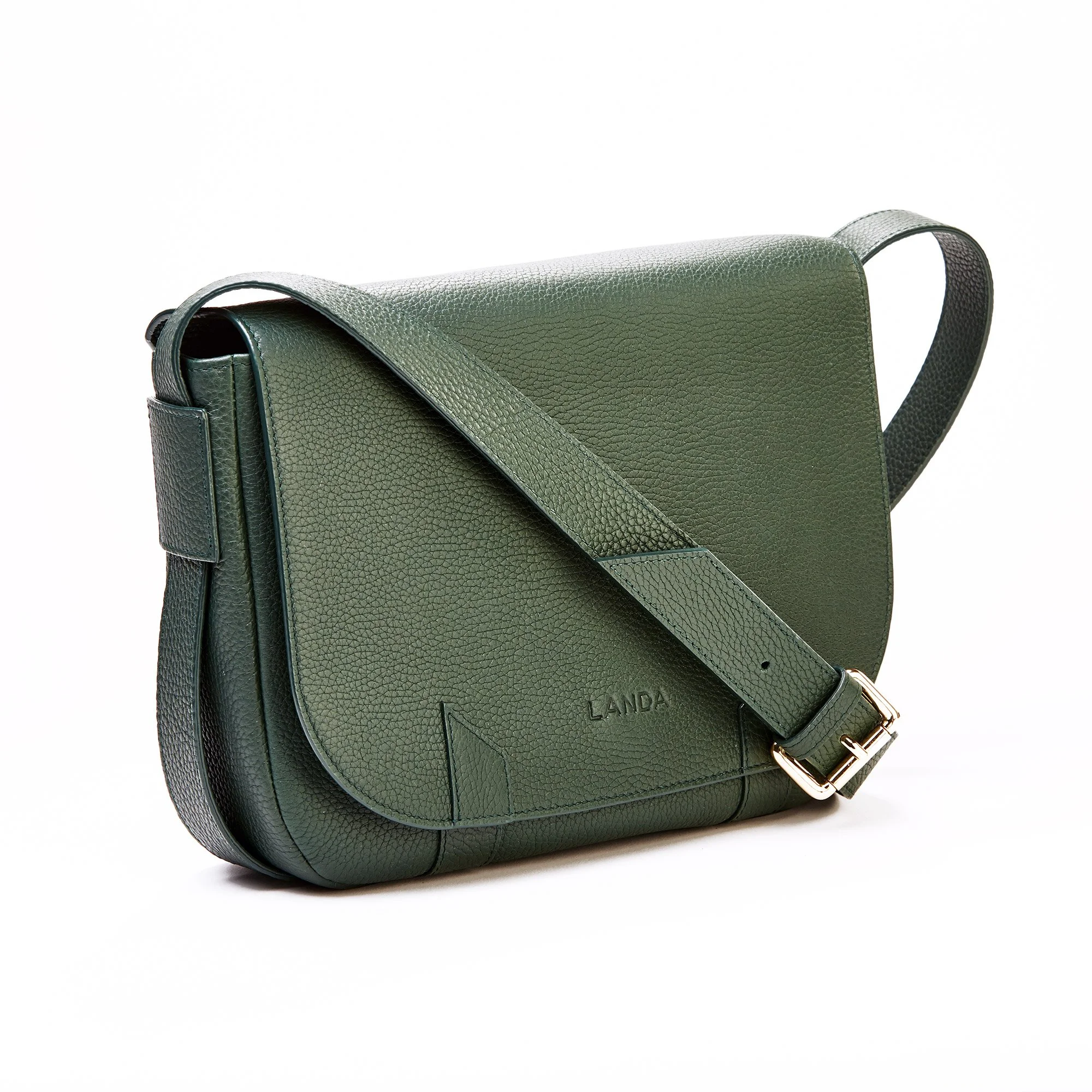 High end advertising profession product photo taken in studio of a green leather shoulder bag with a strap and gold buckle, with the brand name 'LANDA' embossed on the front.