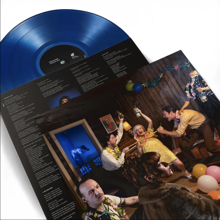 Record cover and vinyl , People celebrating a party indoors with balloons, leis, and drinks, in a cozy wooden room with colourful decorations. with great professional lighting , shoot in location.