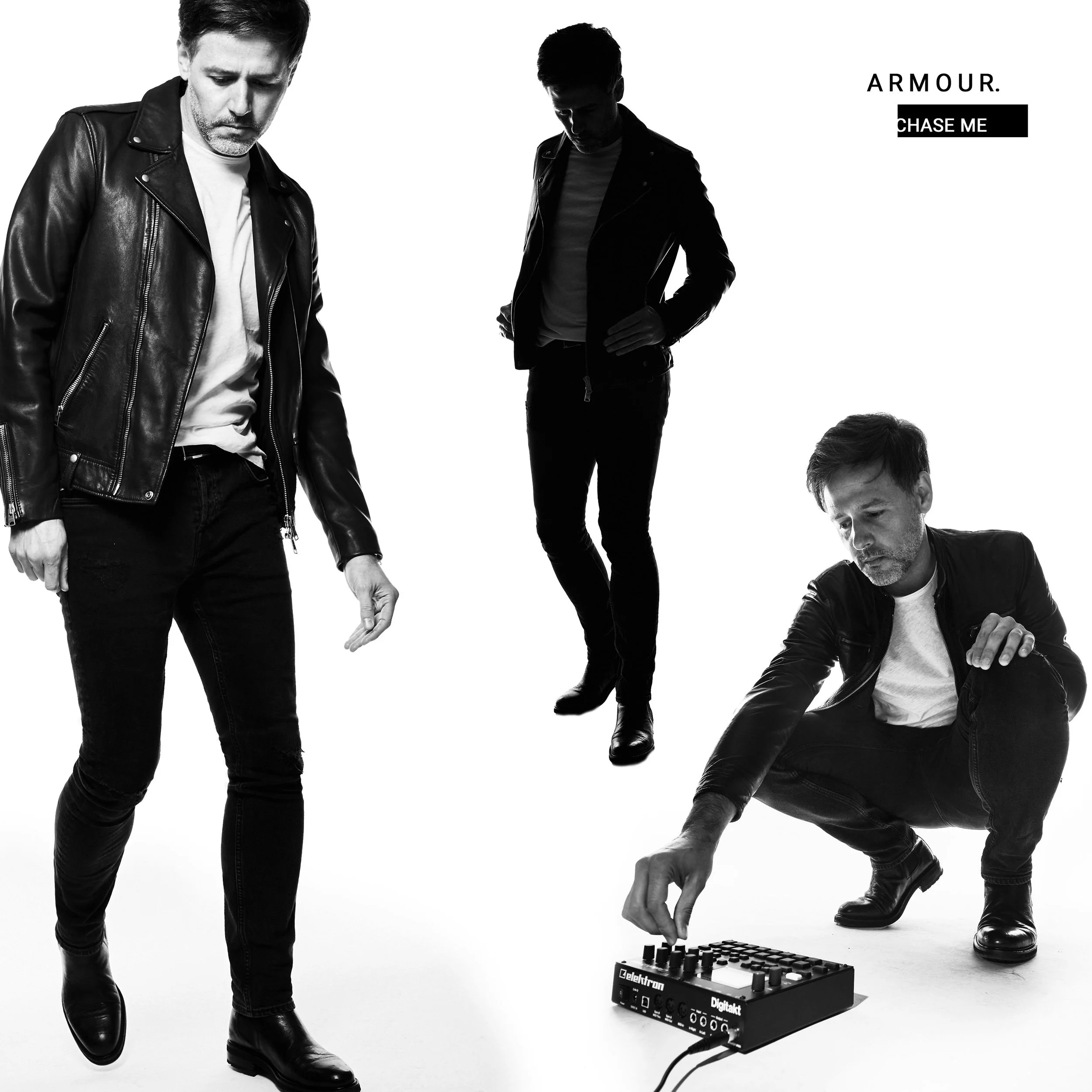 Record cover with a man dressed in black leather jacket, in black and white against a plain background shot in a photo studio with great lighting.