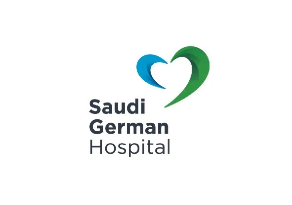 Logo of Saudi German Hospital with a stylized heart shape in blue and green colors