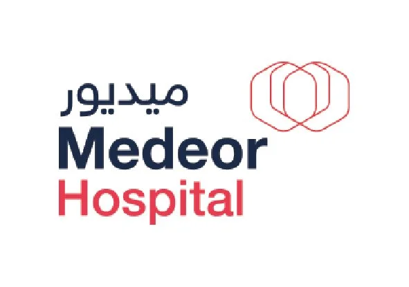 Medeor Hospital logo with Arabic text and red geometric design.