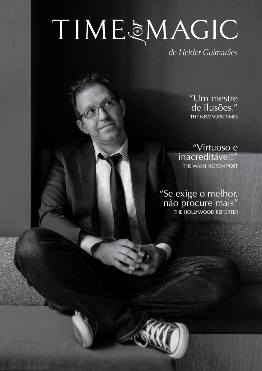 Black and white photo of Helder Guimarães sitting cross-legged on a couch, wearing glasses, a suit jacket, a button-up shirt, jeans, and sneakers, against a wall with the title 'Time for Magic' and quotes from various news outlets.