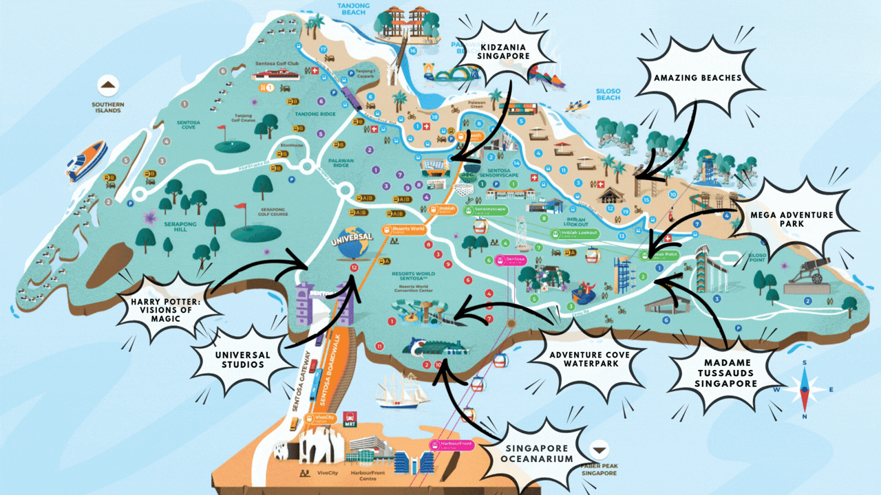 A map of Sentosa island in Singapore with a list of attractiosn to do on the island