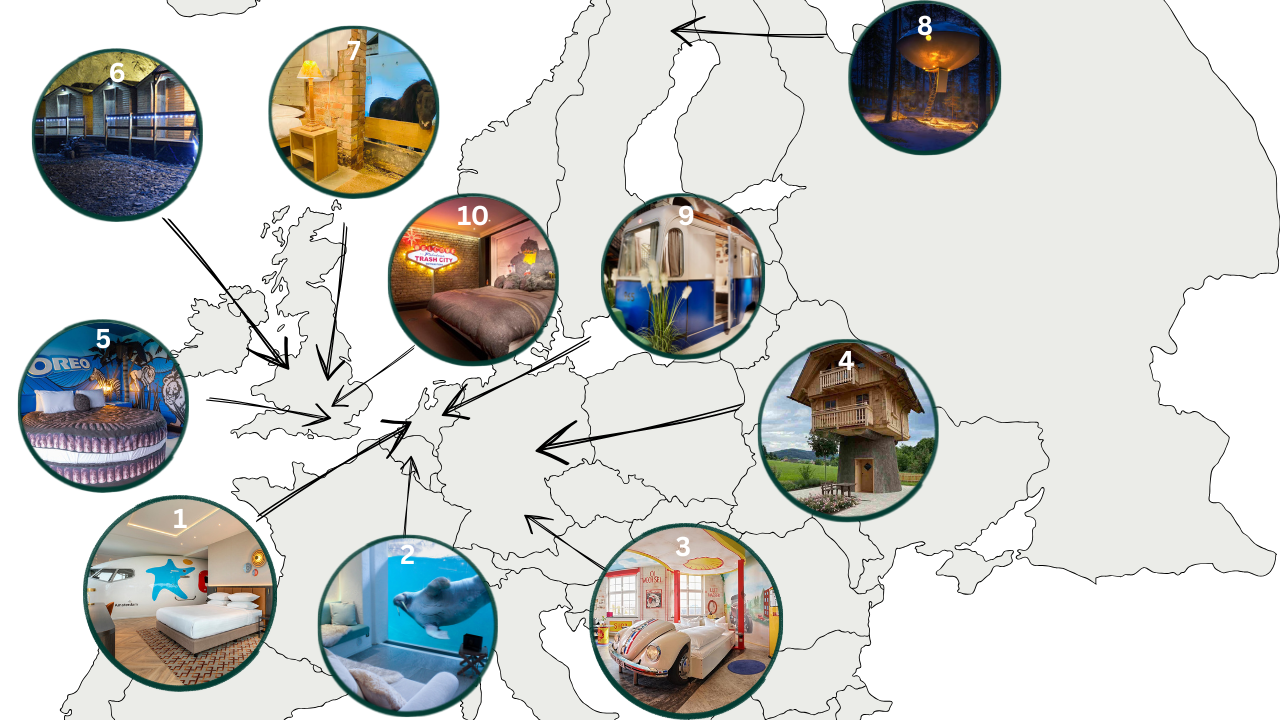 map of europe showing unique hotels families can actually book, including treehouses, zoo lodges, themed rooms and underground stays