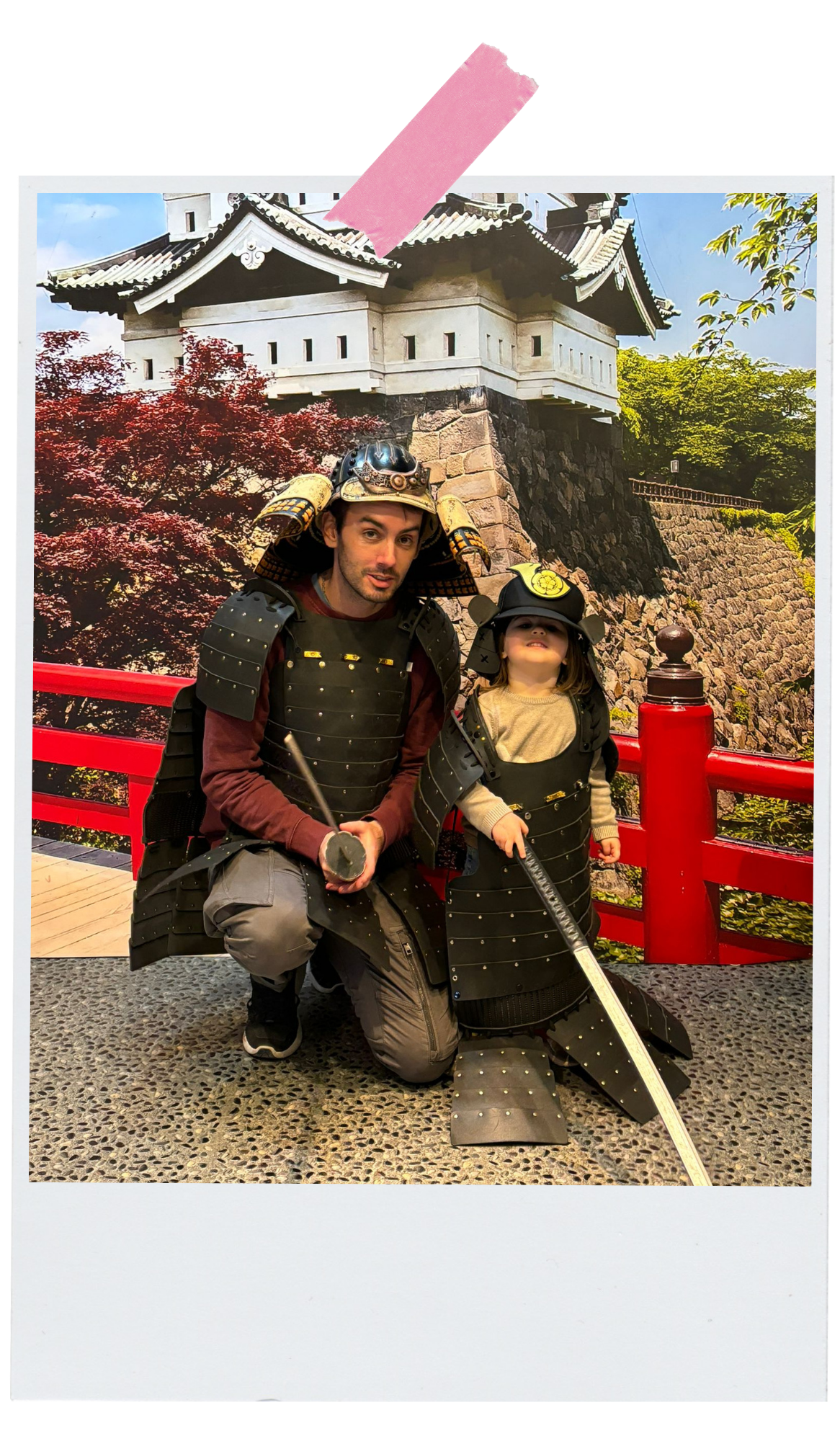 James and Athena dressed in samurai armour during a family travel experience in Japan for the Doherty Diaries