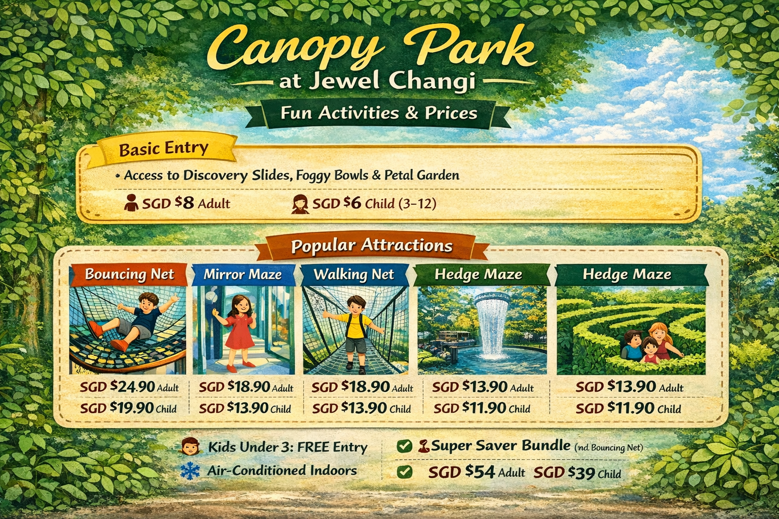 CANOPY PARK AT JEWEL SINGAPORE ACTIVITIES AND PRICES INFOGRAPHIC INCLUDING BOUNCING NET, MIRROR MAZE, WALKING NETS, HEDGE MAZE AND BUNDLE DEALS
