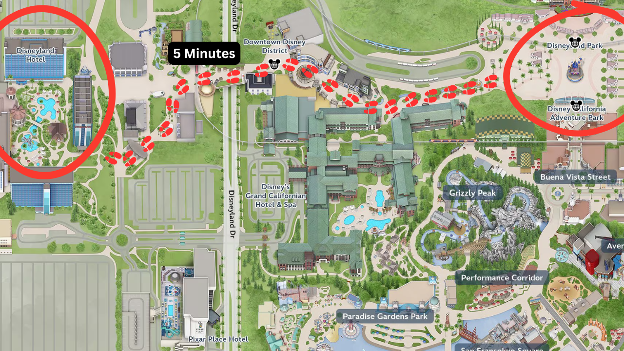 Map showing the location of Disneyland hotel in relation to Disneyland Park, Disney California Adventure and downtown Disney In Anaheim California