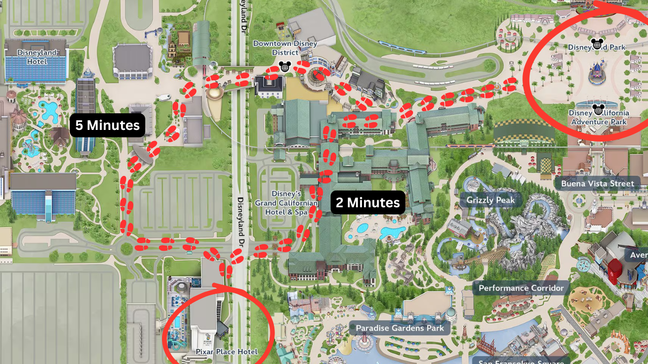Map showing the location of pixar place hotel in relation to Disneyland Park, Disney California Adventure and downtown Disney In Anaheim California