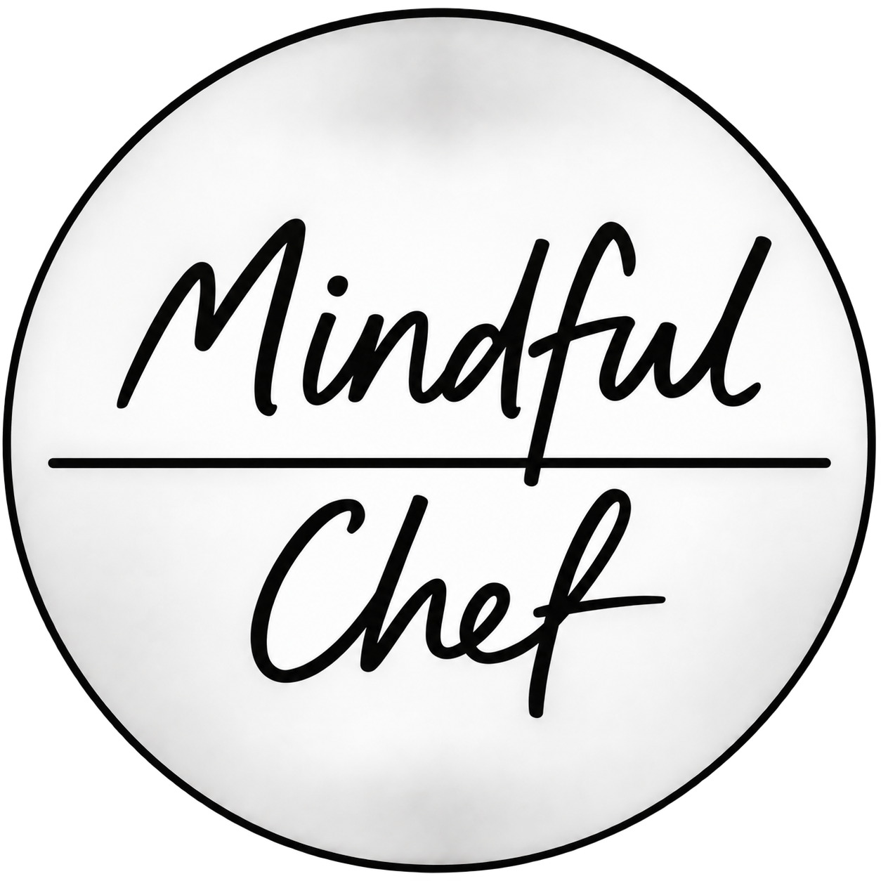 A circular sign with the words "Mindful Chef" in stylized black font on a white background.