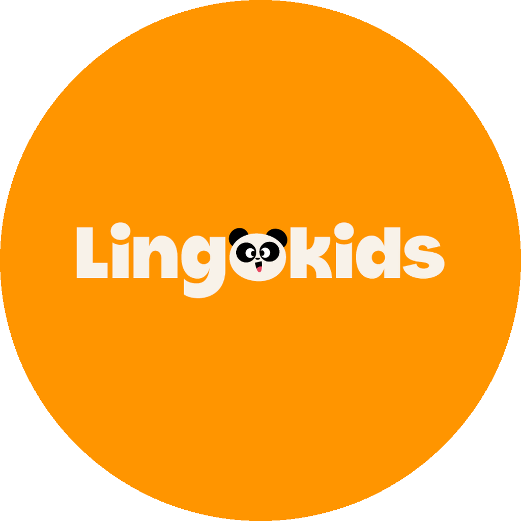Bright orange background with white text that says 'LingoKids', featuring a panda face in place of the 'o' in 'Lingo'.