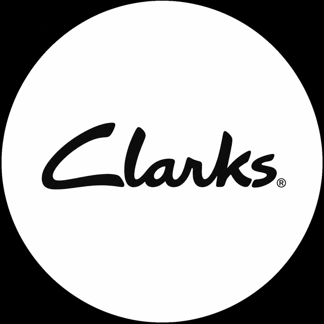 Clarks logo in black cursive font inside a white circle with a black background.