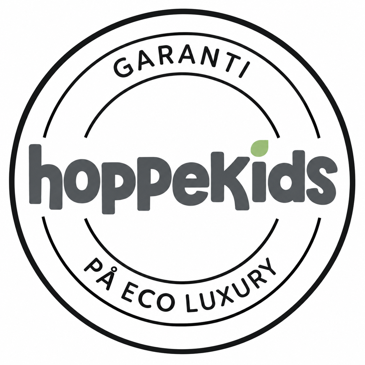 HoppeKids logo with “GARANTI” and “PÅ ECO LUXURY” text inside a circular badge