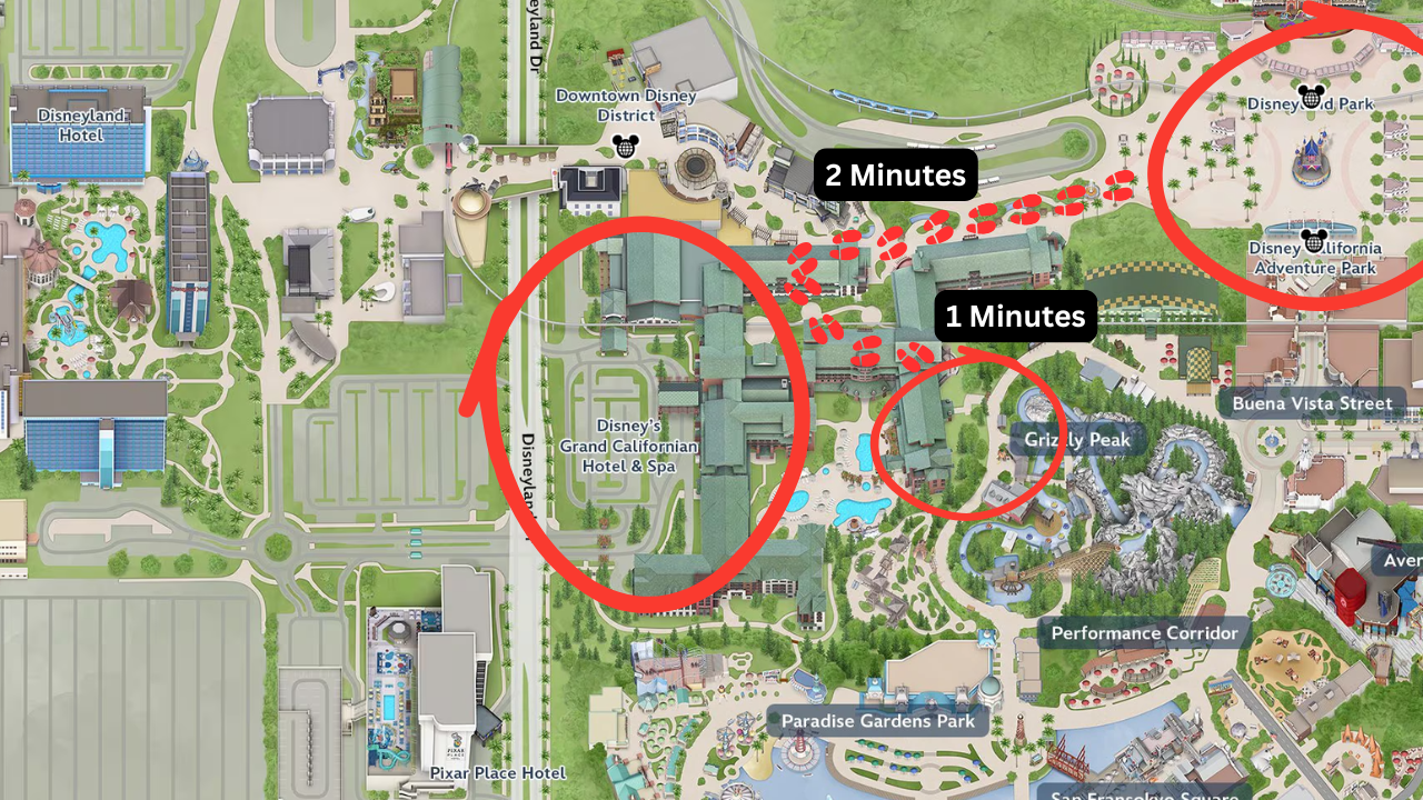 Map showing the location of Disney's Grand Californian Hotel in relation to Disneyland Park, Disney California Adventure and downtown Disney In Anaheim California