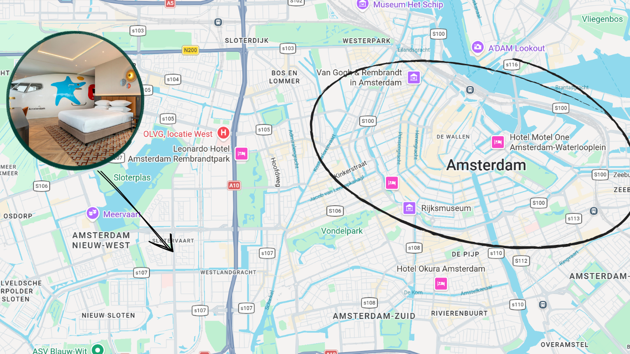 Map showing location of corendon Amsterdam New-West and the 737 suite in Amsterdam, one of Europes Most unique hotel rooms