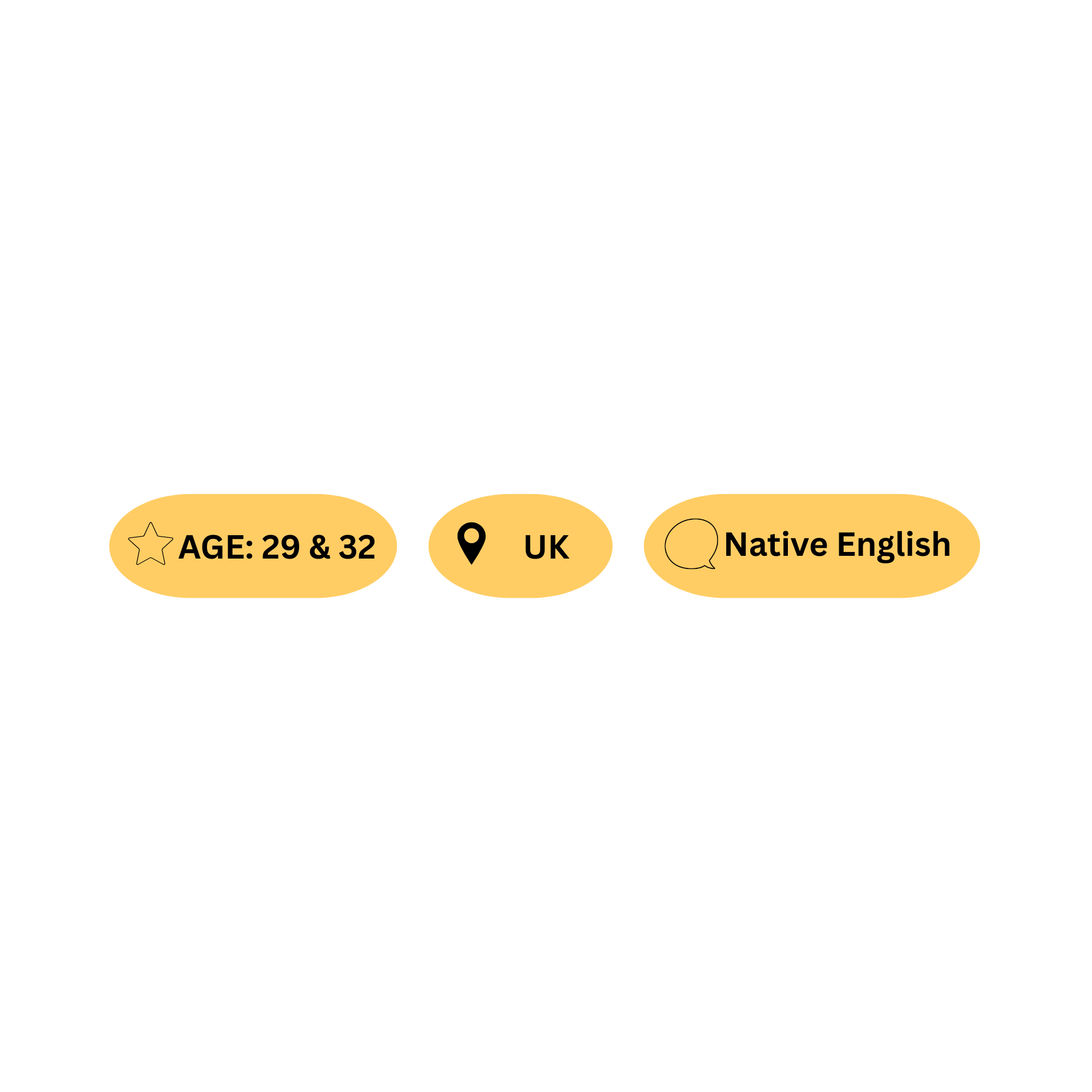 The image shows a black background with three yellow rounded buttons at the bottom. The buttons are labeled 'AGE: 29 & 32', 'UK', and 'Native English'.