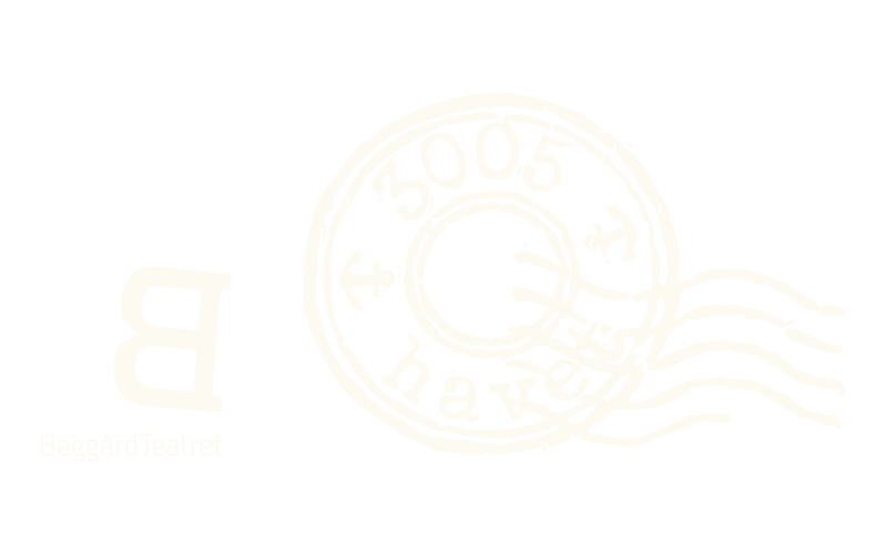 Sort baggrund med hvidt poststempel og brevhåndskrift, samt logo for BaggårdTeatret med stor 'B' og teksten 'BaggårdTeatret'