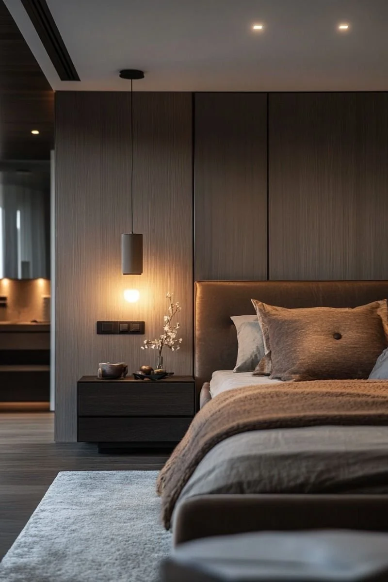 Een slaapkamer met een grote bed, decoratieve kussens, een nachtkastje met vazen en bloemen, een wandlamp, houten wandpanelen, en zachte verlichting.