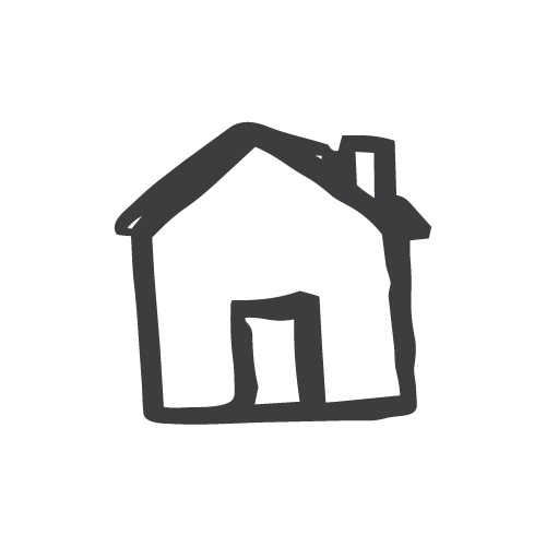 Simple black and white drawing of a house with a door and a chimney.