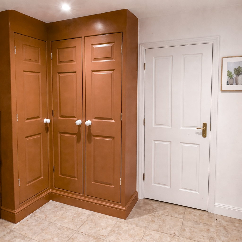 Boxed in Boiler cupboard with wooden doors and storage in Cornwall.