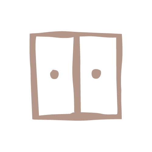 Simple drawing of a closed double door with two circular handles.