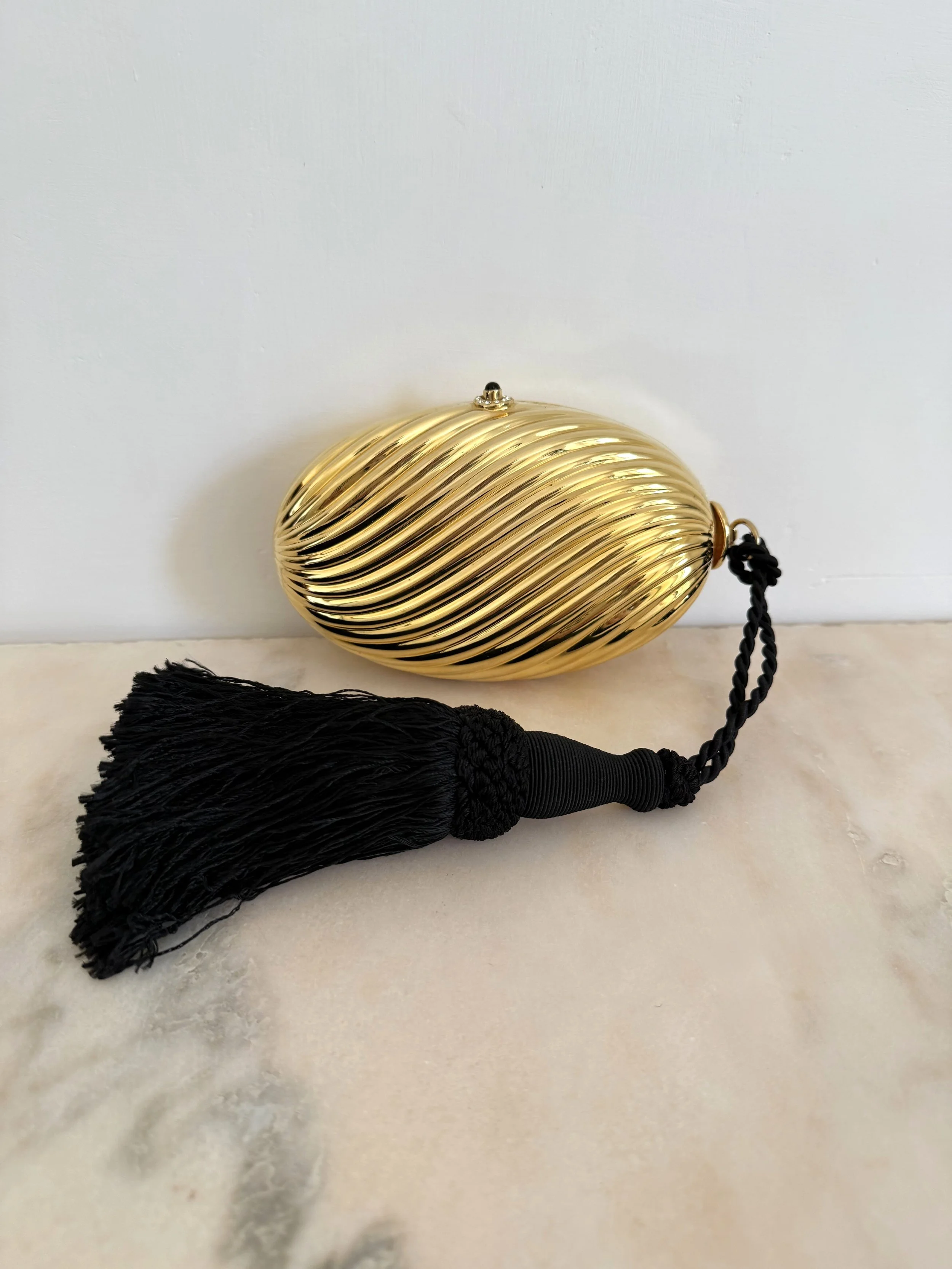 Fior London Gold Egg Minaudière 1980s Tassel Clutch 2.jpeg