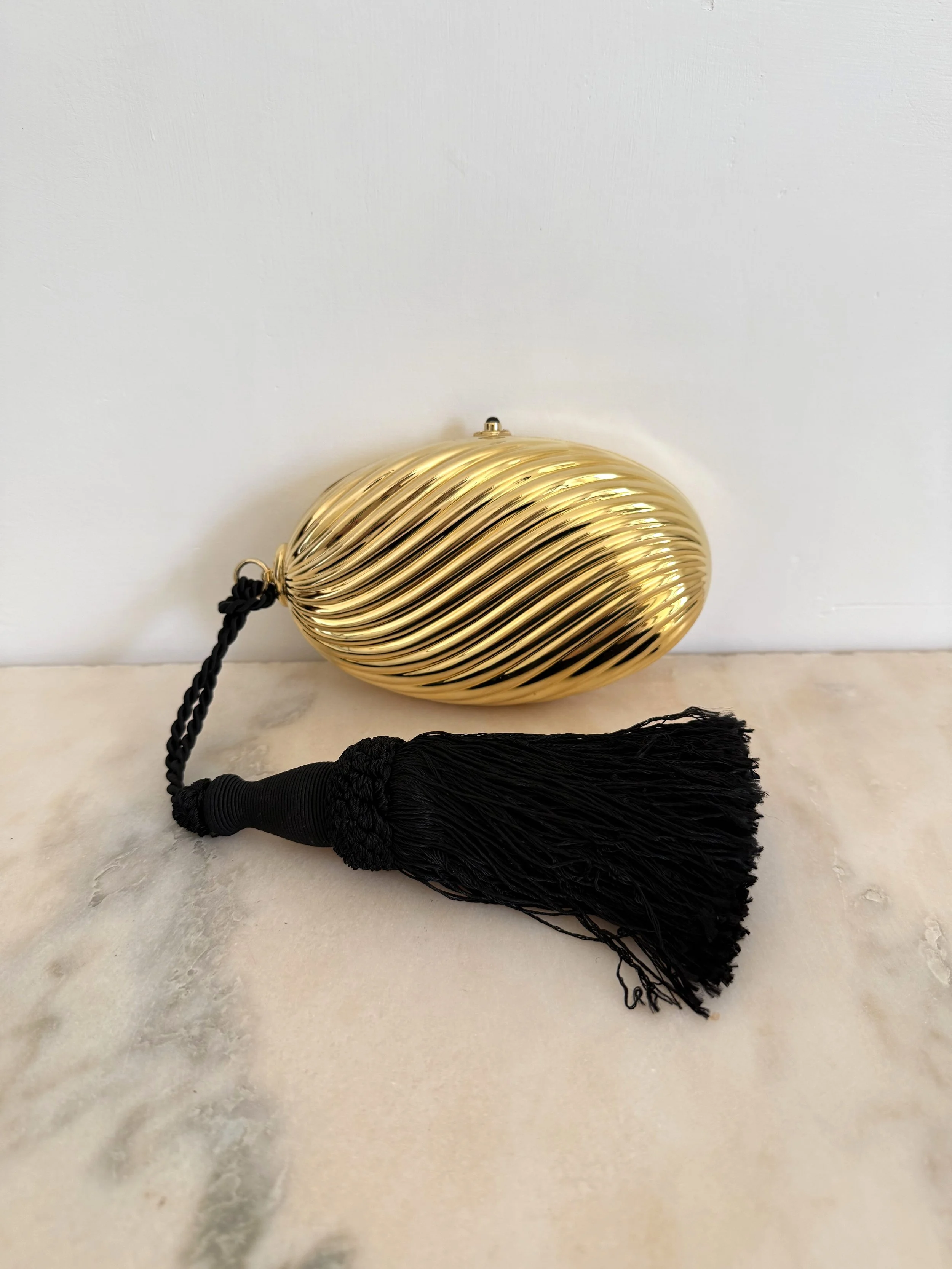 Fior London Gold Egg Minaudière 1980s Tassel Clutch 1.jpeg