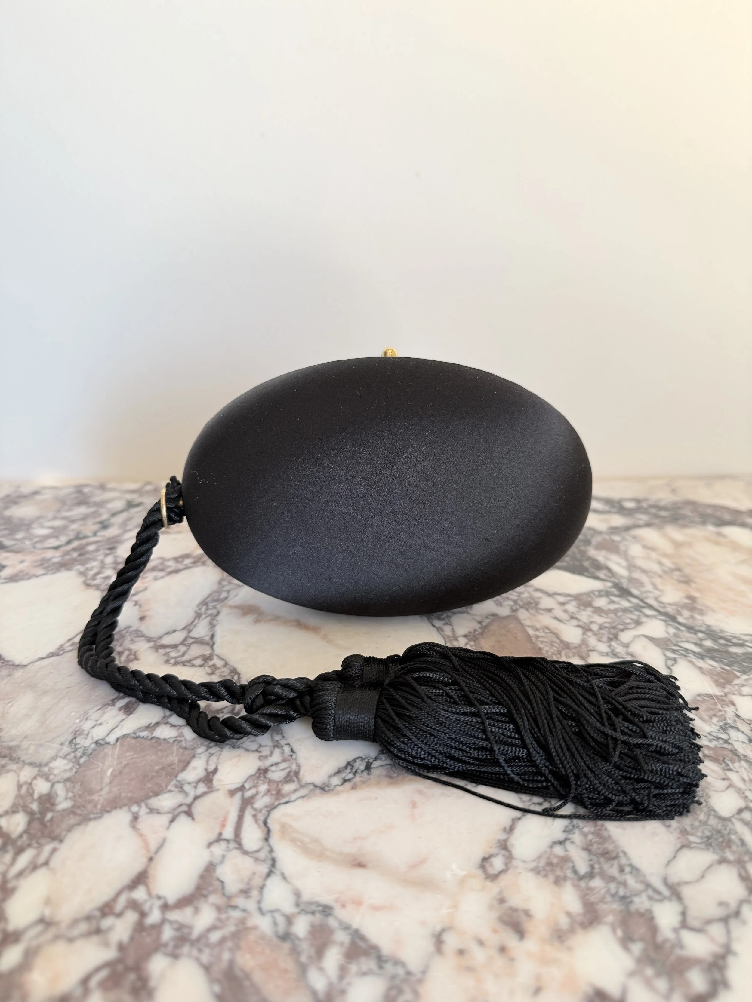 Vintage Prada Black Oval Satin Clutch with Tassel