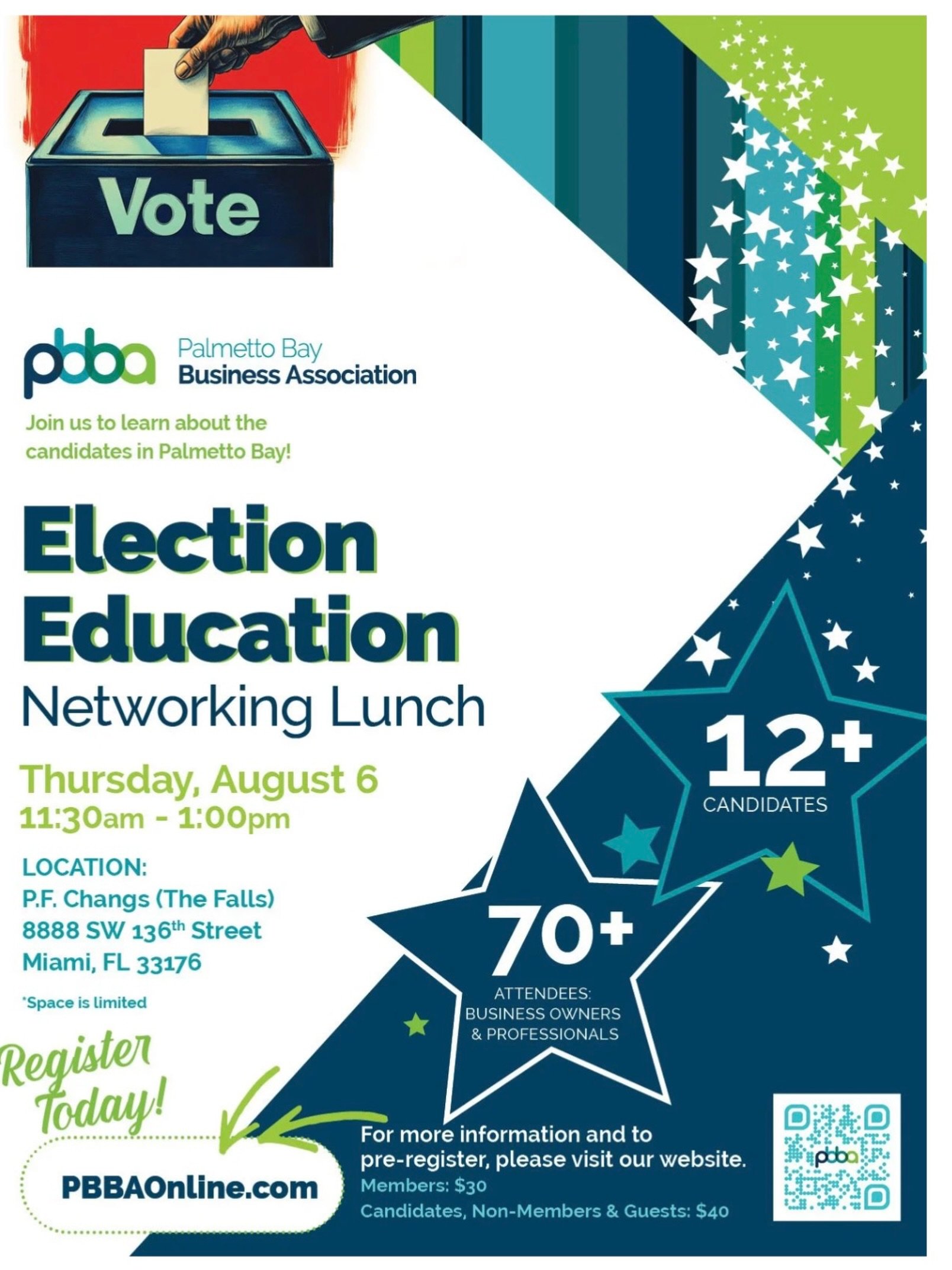 Looking forward to seeing everyone at the PBBA Election Education Networking Lunch this Thursday!

If you&rsquo;d like to meet me, talk vision for Palmetto Bay, and ask questions, I&rsquo;d love to connect.

📍 P.F. Chang&rsquo;s at The Falls
🕦 11:3