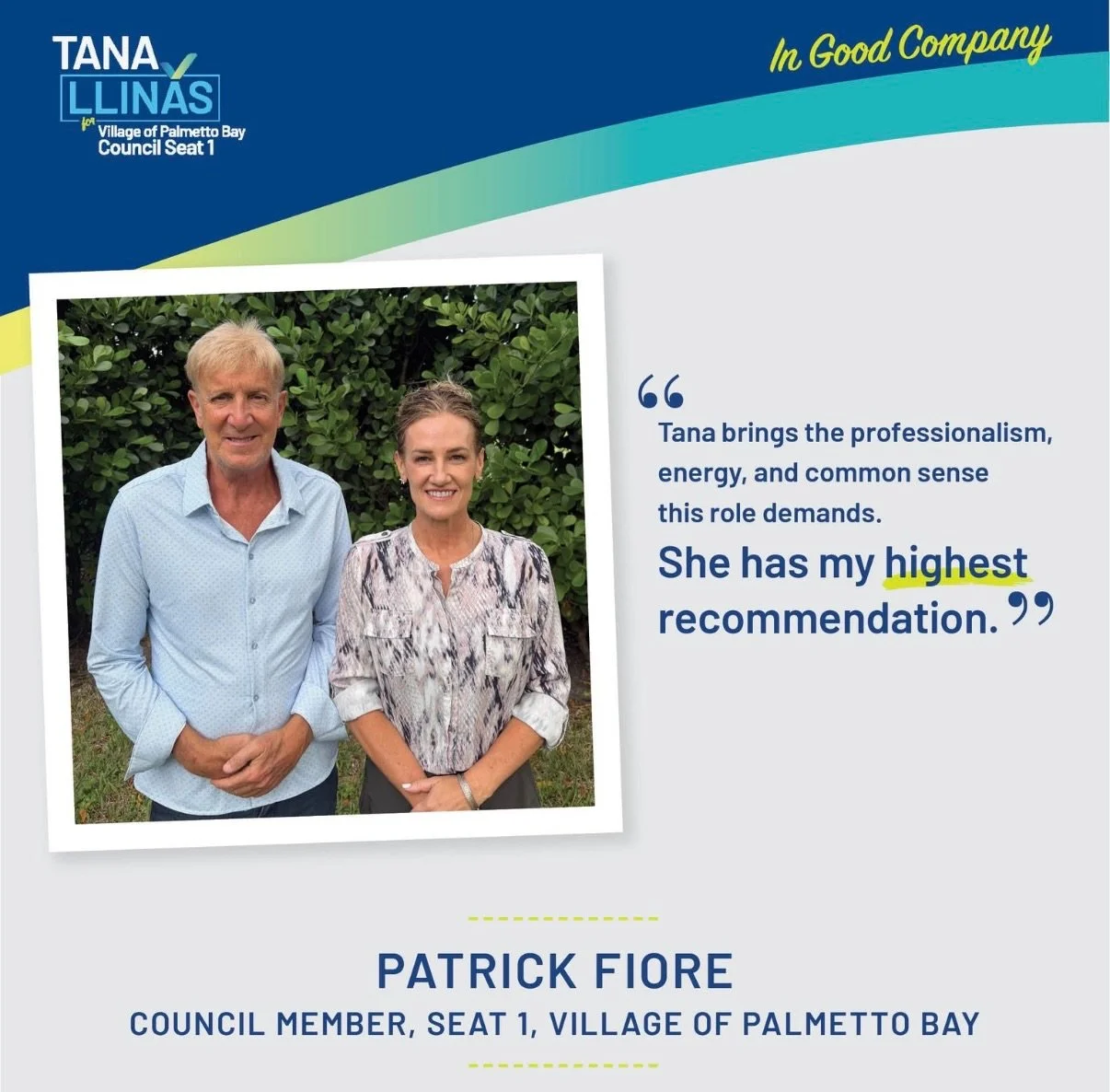When the person who currently holds Seat 1 tells you you&rsquo;re ready for it, that means everything. 💙

Thank you, Council Member Patrick Fiore, for your trust and your highest recommendation. I&rsquo;m honored to have your support.

Learn more at