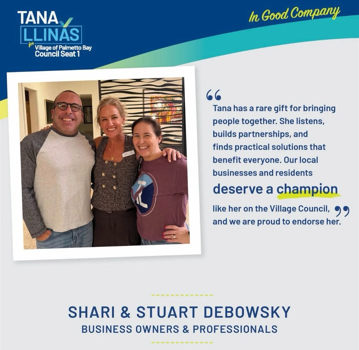 I&rsquo;m so grateful to Shari and Stuart Debowsky for their support both as long-time friends, clients, colleagues and work-out partners. 

As business owners and professionals, they know firsthand what it takes to build something in our community, 