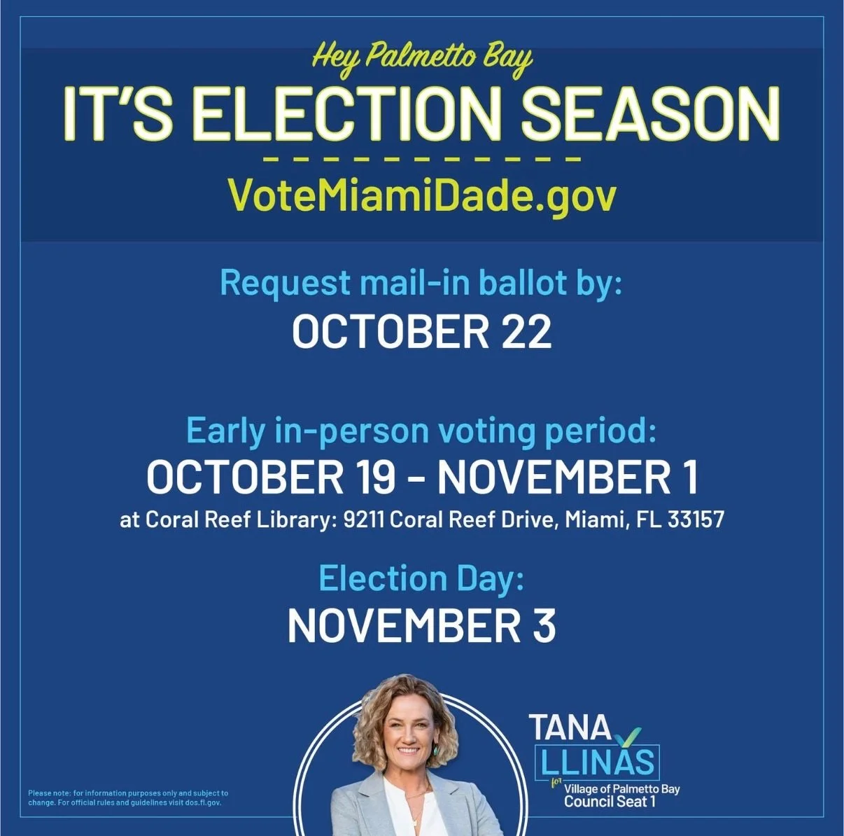 Hey Palmetto Bay, election season is here! 🗳️

Mark your calendars so you don&rsquo;t miss your chance to have a say in our Village&rsquo;s future:

📬 Oct 22: Last day to request a mail-in ballot
🏛️ Oct 19 &ndash; Nov 1: Early voting at Coral Reef