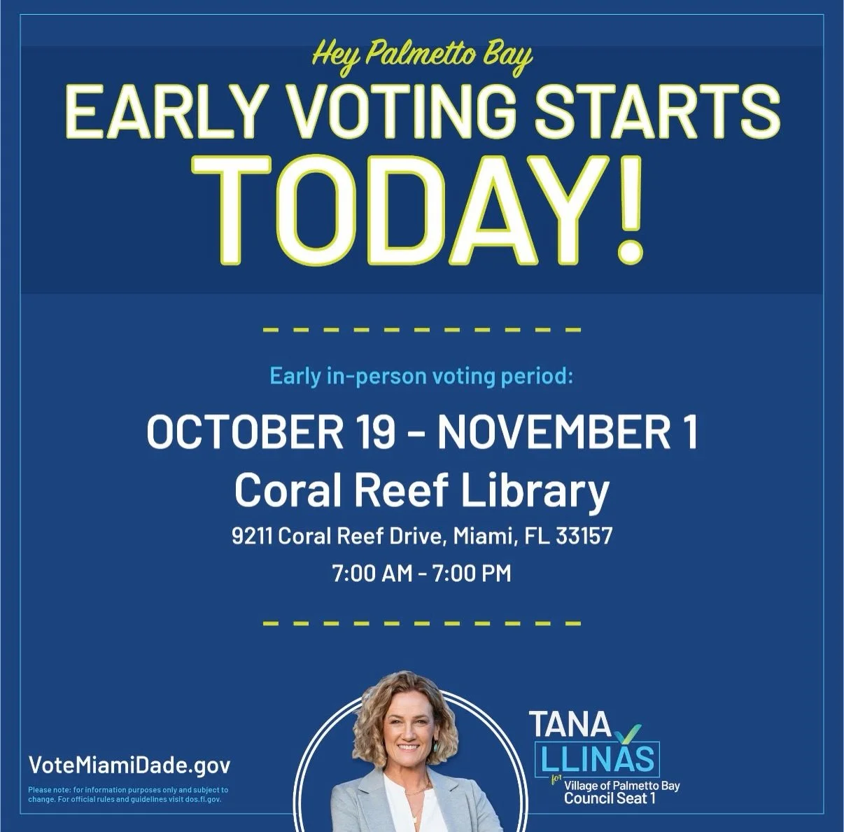 Hey Palmetto Bay, it&rsquo;s here! 🗳️ Early voting starts TODAY.

Skip the Election Day lines and make your voice heard early:

📍 Coral Reef Library, 9211 Coral Reef Drive
📅 October 19 &ndash; November 1
⏰ 7:00 AM &ndash; 7:00 PM, every day

Bring