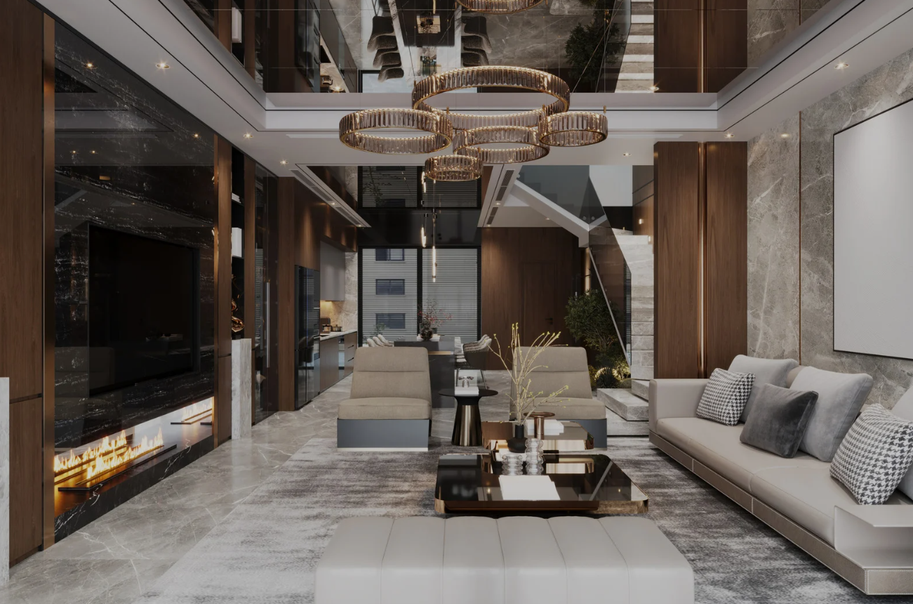 Interno di un salone di lusso con divani e un camino moderno